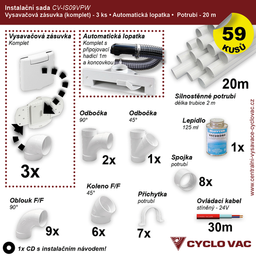 Instalační sada - Potrubí (20m) Zásuvkový komplet Del.(3ks) A.L.